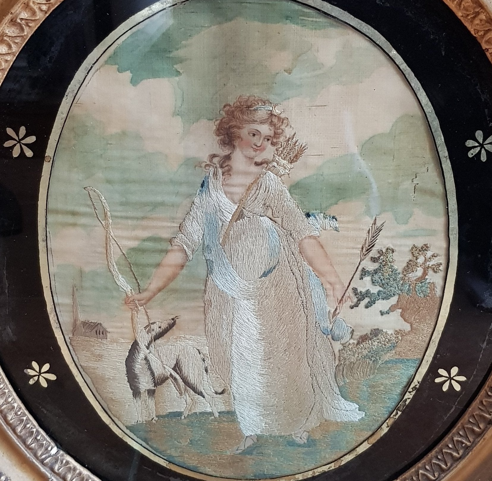 Hand Painted And Embroidered Silk Picture Of Diana The Huntress Framed Antique Georgian circa 1810