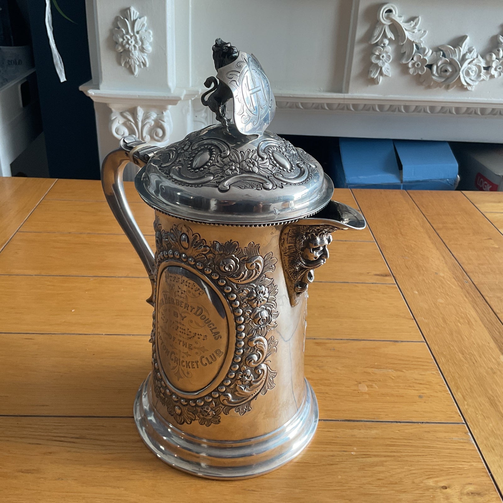 Outstanding silver presentation beer jug Clapton Cricket Club Victorian 1896