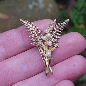 9k Gold Pearl Set Double Fern Leaf Brooch Alabaster & Wilson Vintage Birmingham circa 1995