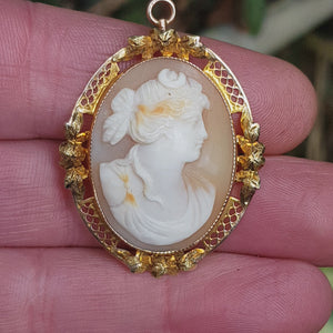 9k Gold Hand Carved Shell Cameo Brooch Pendant Nyx Goddess Of Night Antique Circa 1910