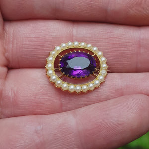 18k Gold Amethyst Seed Pearl Lace Pin Brooch Antique Edwardian circa 1905