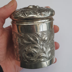 Superb Sterling Silver Cherub And Floral Repousse Drum Shaped Box Antique Edwardian circa 1904