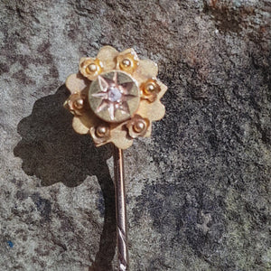 15k 15ct Gold Old Cut Diamond Set Gypsy Flower Stick Pin Tie Cravat Pin In Jewellers Box Antique Victorian Circa 1870