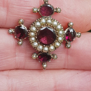 9k Rose Gold Almandine Garnet And Pearl Budded Croix Cross Brooch Antique Georgian Circa 1810