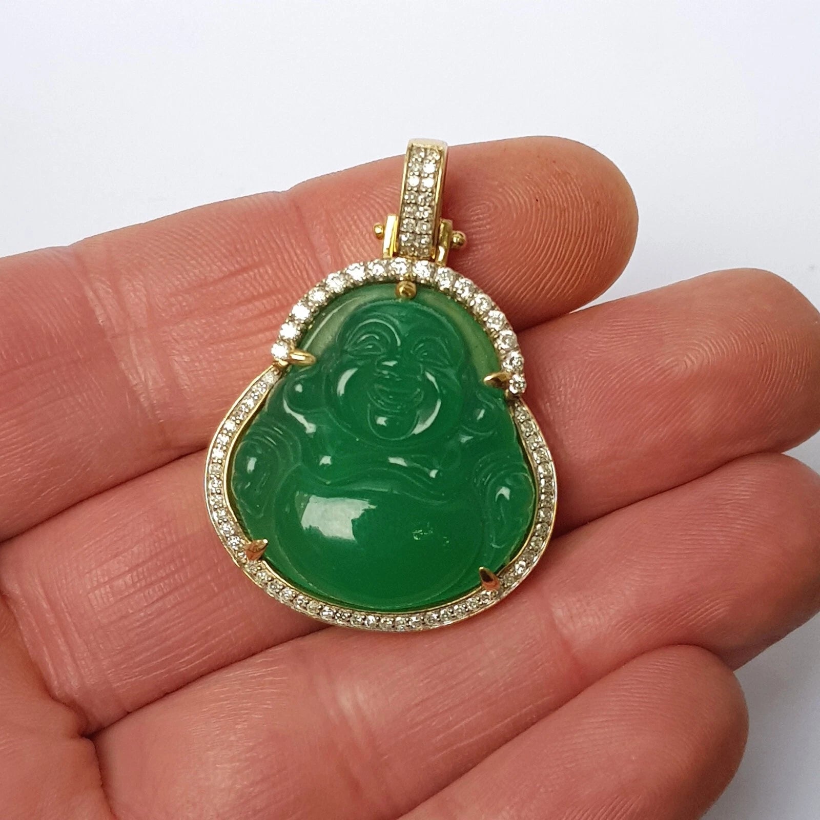 Carved Chinese Jade Buddha Pendant In 10k Gold And Diamond Setting Vintage circa 1980's