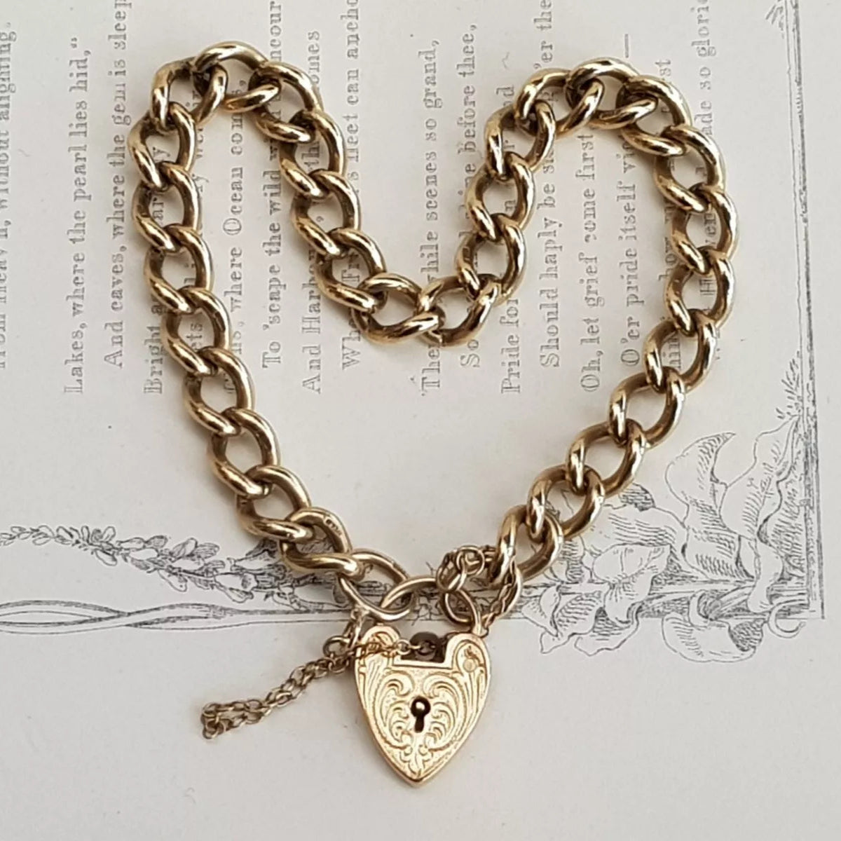 9k Gold Curb Link Bracelet With Heart Clasp Georg Jensen Vintage London circa 1970's