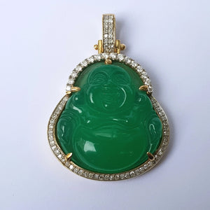 Carved Chinese Jade Buddha Pendant In 10k Gold And Diamond Setting Vintage circa 1980's