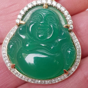 Carved Chinese Jade Buddha Pendant In 10k Gold And Diamond Setting Vintage circa 1980's