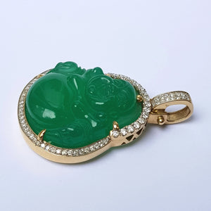 Carved Chinese Jade Buddha Pendant In 10k Gold And Diamond Setting Vintage circa 1980's