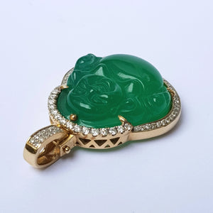 Carved Chinese Jade Buddha Pendant In 10k Gold And Diamond Setting Vintage circa 1980's