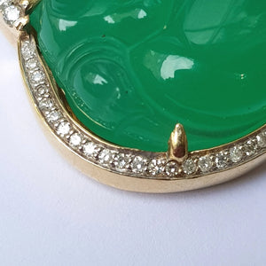 Carved Chinese Jade Buddha Pendant In 10k Gold And Diamond Setting Vintage circa 1980's