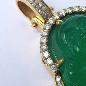Carved Chinese Jade Buddha Pendant In 10k Gold And Diamond Setting Vintage circa 1980's