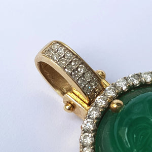 Carved Chinese Jade Buddha Pendant In 10k Gold And Diamond Setting Vintage circa 1980's