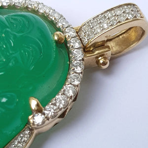 Carved Chinese Jade Buddha Pendant In 10k Gold And Diamond Setting Vintage circa 1980's