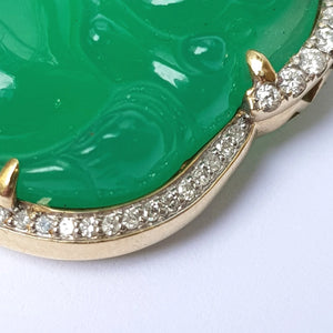 Carved Chinese Jade Buddha Pendant In 10k Gold And Diamond Setting Vintage circa 1980's