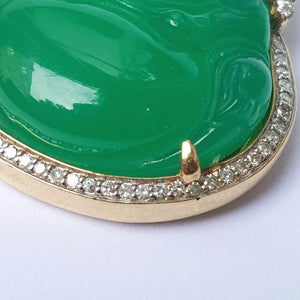 Carved Chinese Jade Buddha Pendant In 10k Gold And Diamond Setting Vintage circa 1980's