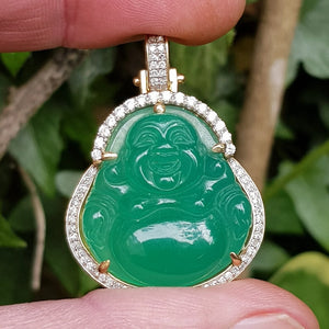 Carved Chinese Jade Buddha Pendant In 10k Gold And Diamond Setting Vintage circa 1980's