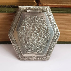 Egyptian Solid Silver Floral Repousse Geometric Powder Compact Vintage circa 1939