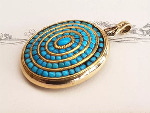 18k Gold Turquoise Set Picture Locket Back Etruscan Style Pendant Antique Sheffield circa 1880s