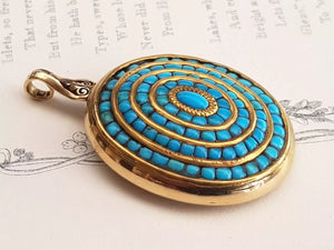 18k Gold Turquoise Set Picture Locket Back Etruscan Style Pendant Antique Sheffield circa 1880s