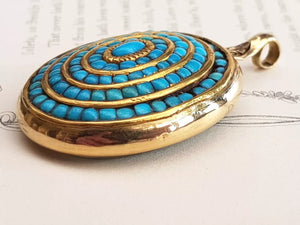 18k Gold Turquoise Set Picture Locket Back Etruscan Style Pendant Antique Sheffield circa 1880s