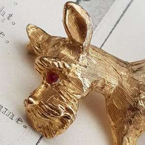 9k Gold Ruby Eye Set Scottish Terrier Dog Brooch Vintage London circa 1965