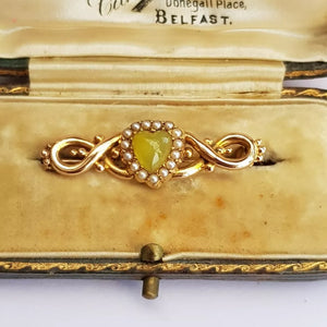 9k Gold Seed Pearl Connemara Love Heart Brooch In Original Jewellers Box Belfast circa 1880