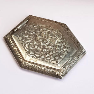 Egyptian Solid Silver Floral Repousse Geometric Powder Compact Vintage circa 1939