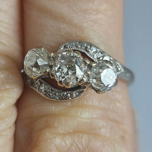 Triple Diamond Approx. 0.8ct 18k White Gold Ring Vintage Art Deco c1920