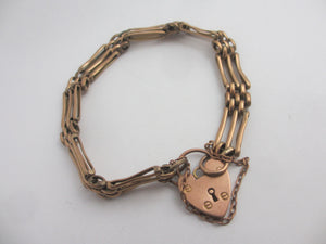 3 Bar Gate Bracelet Heart Padlock Clasp 9k Gold Vintage Art Deco