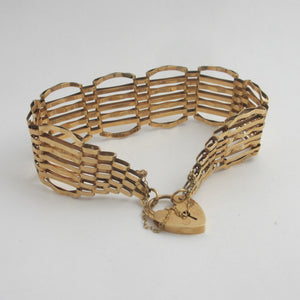 7 Bar Gate Bracelet in 9k Gold heart Padlock Clasp Vintage 1981