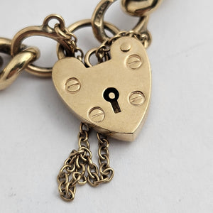 9k Gold Charm Bracelet with Heart Padlock Clasp Vintage 1971