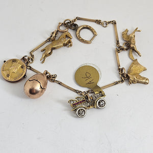 Rare Coin, Car, Opening Egg and Horse Related 9k Gold Charm Bracelet Vintage