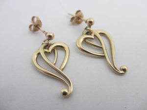 Heart 9k Gold Dangling Ear Pendant Earrings Vintage