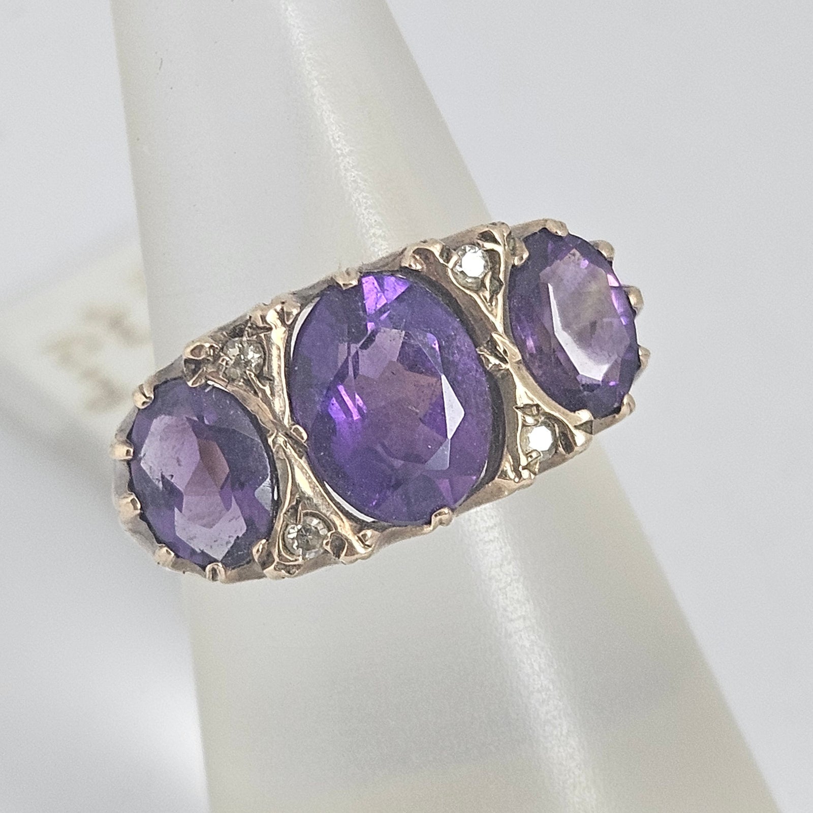 Triple Amethyst and Diamond 9k Gold Ring Vintage