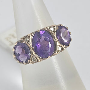 Triple Amethyst and Diamond 9k Gold Ring Vintage