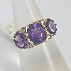 Triple Amethyst and Diamond 9k Gold Ring Vintage