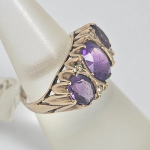 Triple Amethyst and Diamond 9k Gold Ring Vintage