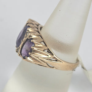 Triple Amethyst and Diamond 9k Gold Ring Vintage