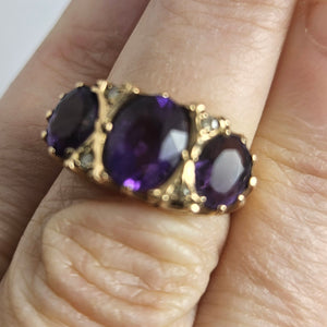 Triple Amethyst and Diamond 9k Gold Ring Vintage