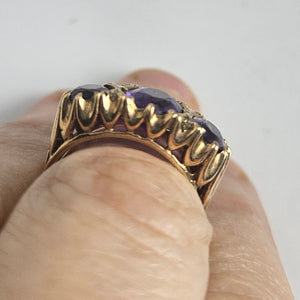 Triple Amethyst and Diamond 9k Gold Ring Vintage