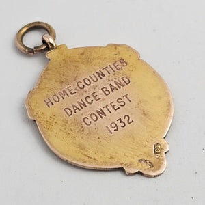 9k Gold Watch Fob Pendant 'Home Counties Dance Band Contest 1932' Vintage Art Deco