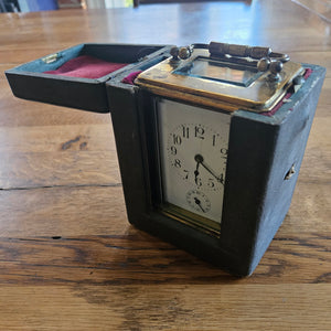 French Movement Gilded Brass Carriage Clock in Original Moroccan Leather Case Box Vintage Art Deco
