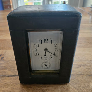 French Movement Gilded Brass Carriage Clock in Original Moroccan Leather Case Box Vintage Art Deco