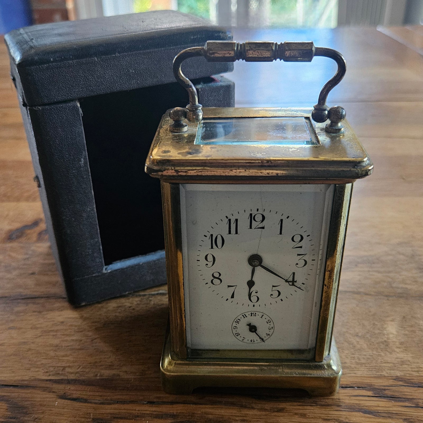 French Movement Gilded Brass Carriage Clock in Original Moroccan Leather Case Box Vintage Art Deco