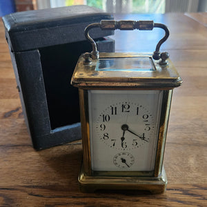 French Movement Gilded Brass Carriage Clock in Original Moroccan Leather Case Box Vintage Art Deco