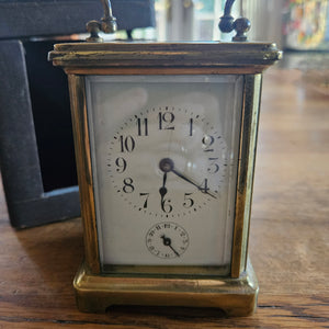 French Movement Gilded Brass Carriage Clock in Original Moroccan Leather Case Box Vintage Art Deco