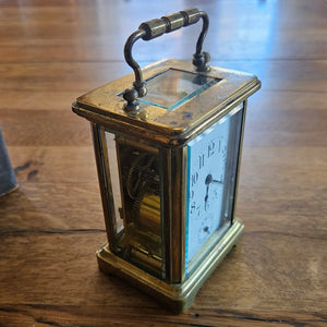 French Movement Gilded Brass Carriage Clock in Original Moroccan Leather Case Box Vintage Art Deco