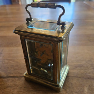 French Movement Gilded Brass Carriage Clock in Original Moroccan Leather Case Box Vintage Art Deco