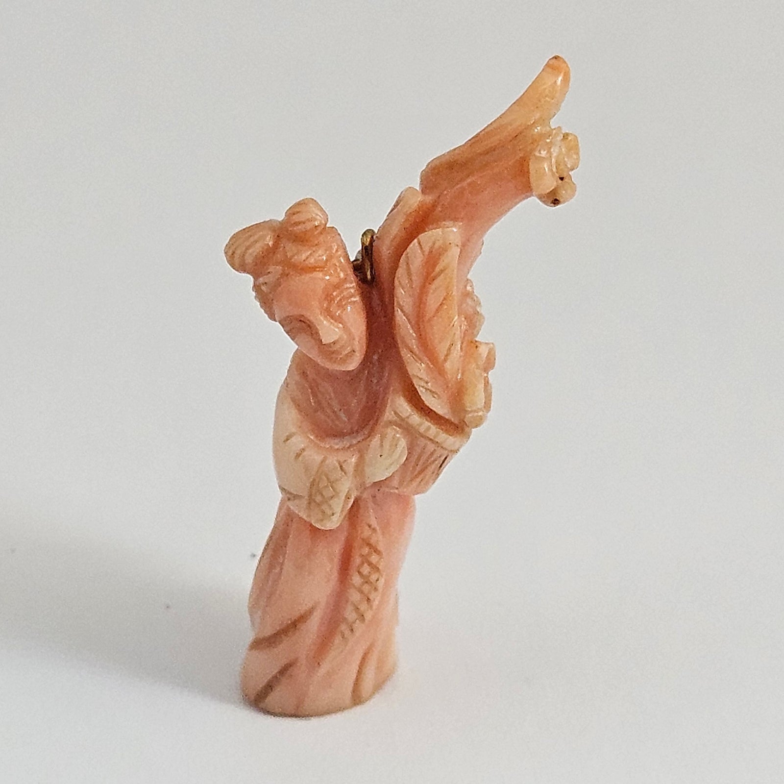 Chinese Carved Coral Figure Lady 14k Gold Bale Vintage c1920
